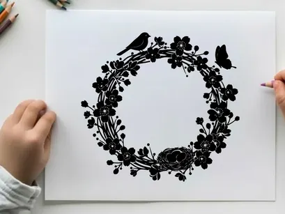 Silhouette of a floral wreath with birds and butterfly