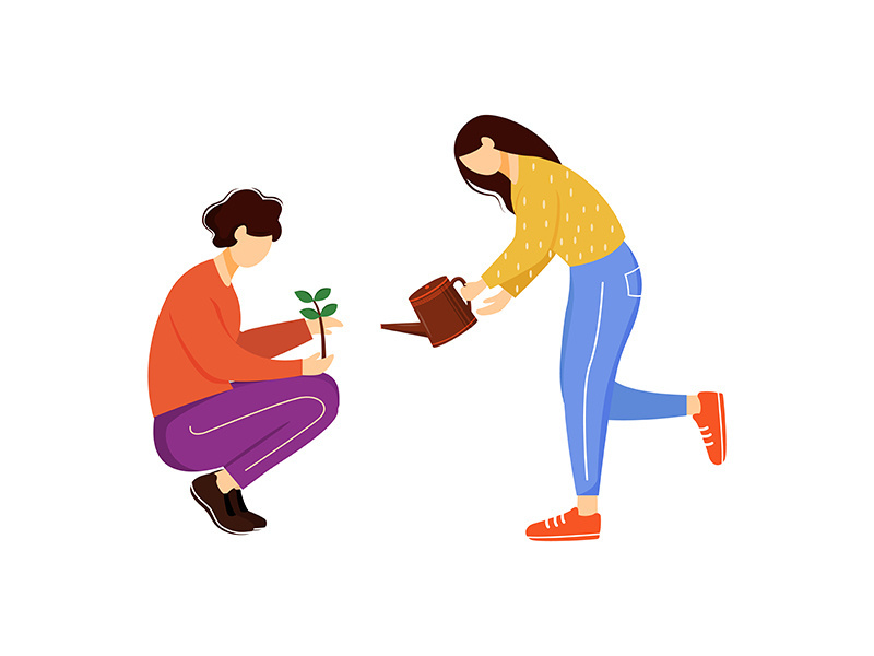 People growing plants flat vector illustration