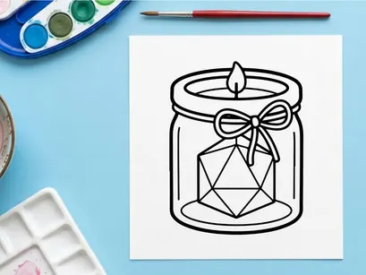D20-Würfel in einer Glas-Glas-Kerze. Symbol für Brettspiele und Tabletop-RPG.
