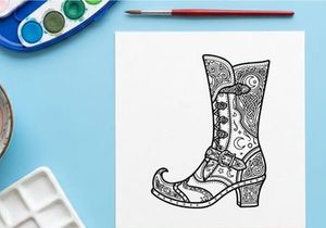 Hand-drawn vintage cowboy boot illustration. Retro western footwear sketch with ornate floral patterns and decorative stitching.