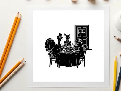 Silhouette of a rabbit and two people dining at a table