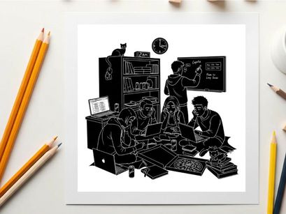 Silhouette of two people working in a cluttered room with computer and books