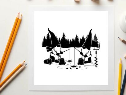 Gnomes ice fishing in silhouette on frozen lake with trees