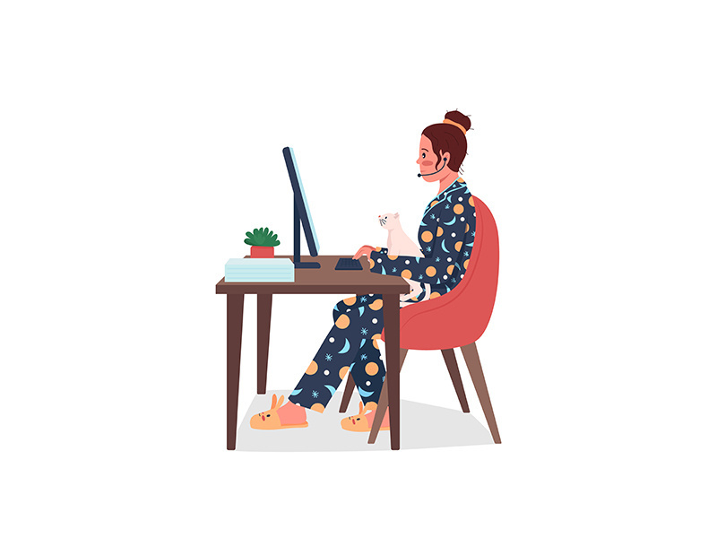 Freelance employee in pajamas flat color vector detailed character
