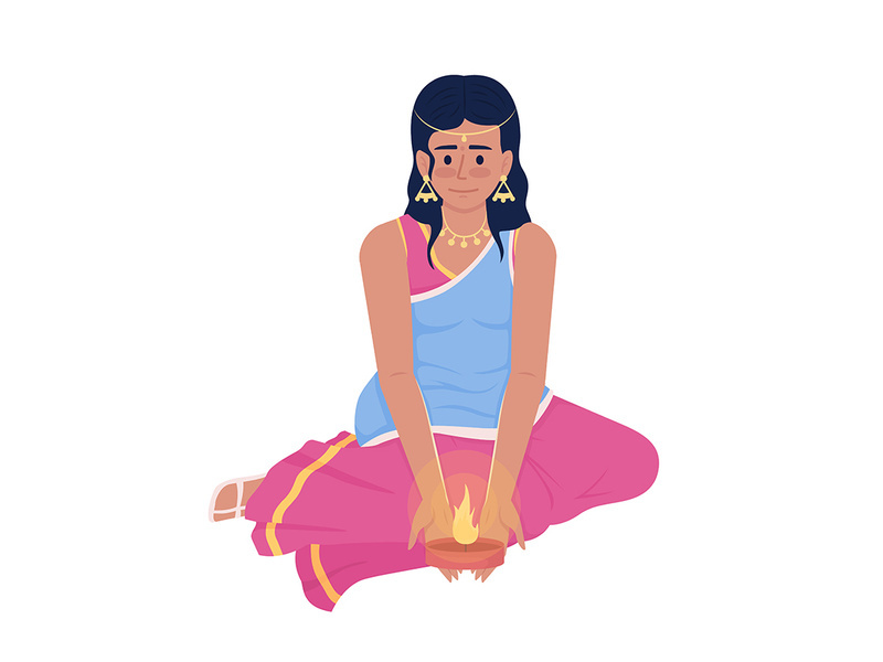 Young girl holding diwali candle semi flat color vector character
