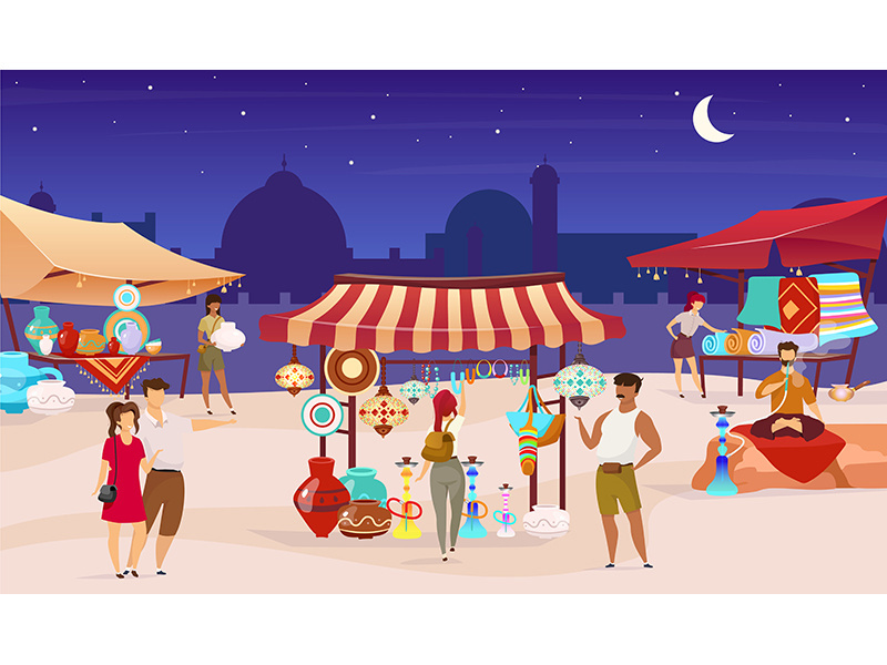 Tourists at night turkish bazaar flat color vector illustration