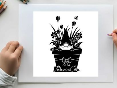 Silhouette of a garden gnome in a flower pot with tulips and bow