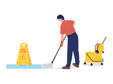 Janitor mopping floor flat color vector character preview picture