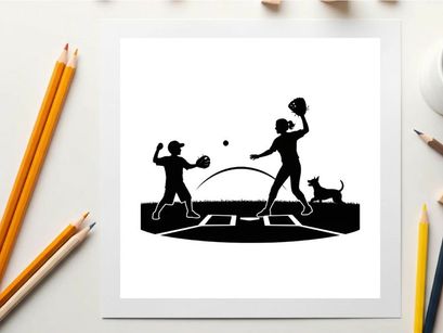 Silhouette of two people playing catch with dog on tennis court