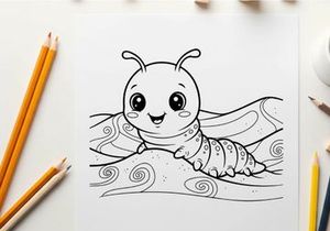 Cute cartoon caterpillar smiling on swirls vector illustration
