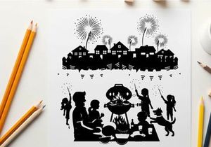 Silhouette of family celebrating with fireworks at home