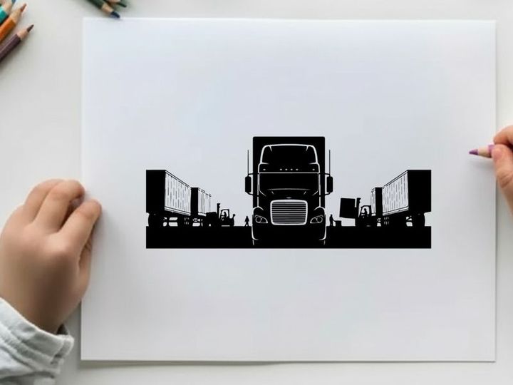 Silhouette of a semi truck with trailers on a white background