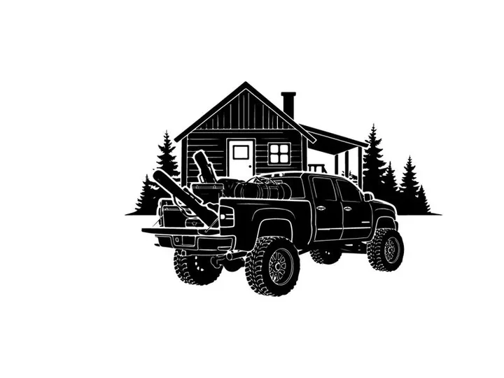 Silhouette of a pickup truck in front of a house with trees
