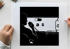 Silhouette of a man driving and talking on a phone