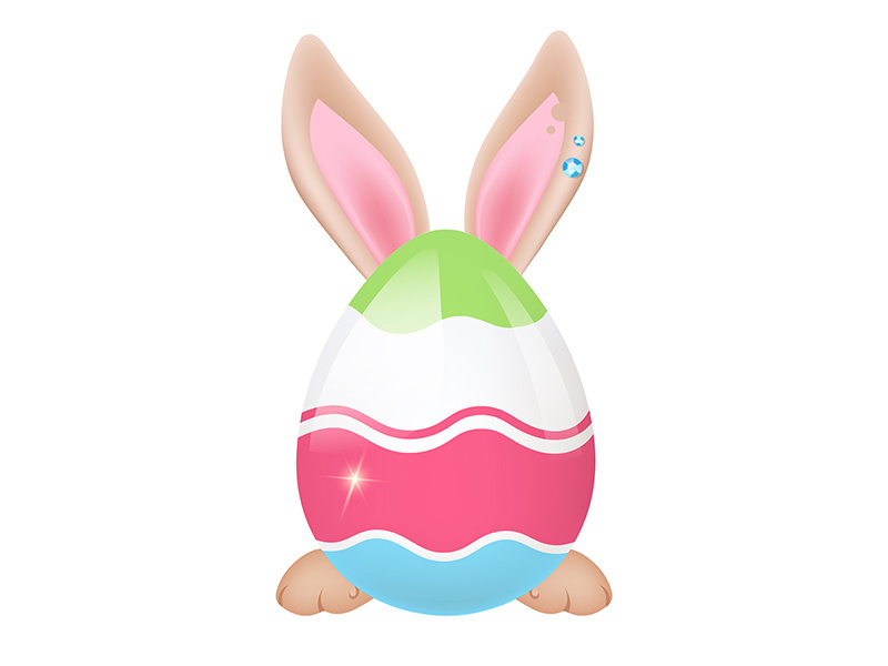 Cute rabbit behind decorated Easter egg kawaii cartoon character