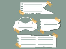 Ripped Pages Design. Torn Paper Notes Torn Edges With Tape, Vector Notepad Realistic Color Stationery Blank Memo Paper