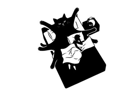 Silhouette of a cat jumping on a bed