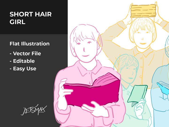 Short Hair Girl Vector Lines Bundle