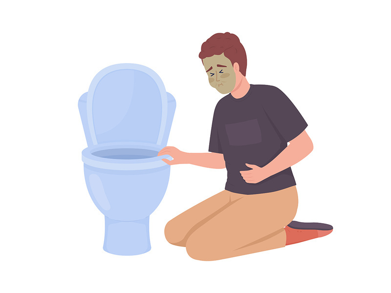 Man with nausea near toilet bowl semi flat color vector character