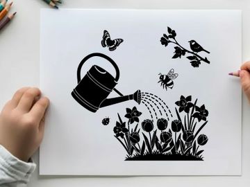 Silhouette of watering can and flowers with butterflies and birds preview picture