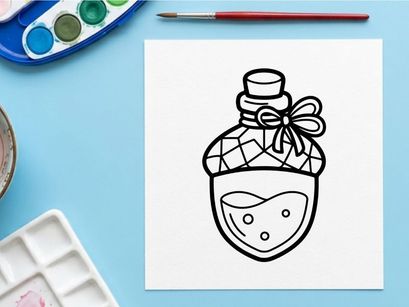 Cute cartoon perfume bottle with smiling face for Halloween. Whimsical scented container illustration with bow and floral decoration.