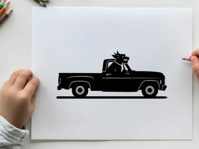 Silhouette of a dragon riding in a pickup truck