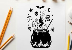 Black silhouette cauldron with witchcraft symbols and spooky elements