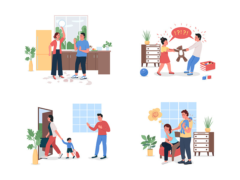 Family with relationship problems flat color vector detailed character set