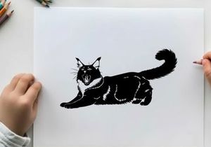 Black cat silhouette in a relaxed pose with tail curled up