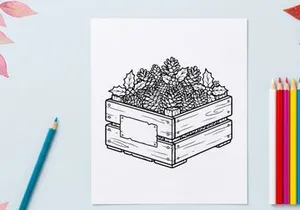 Christmas wooden crate with pine cones and holly leaves line art illustration