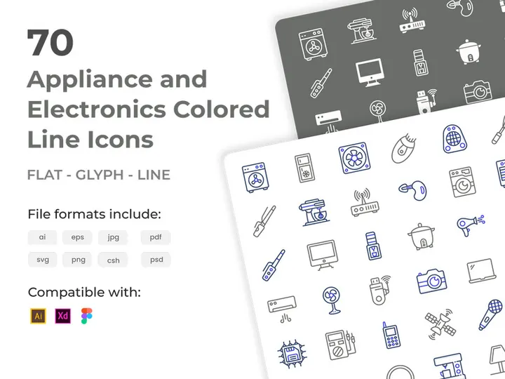 70 Appliance and Electronics Colored Line Icons preview picture