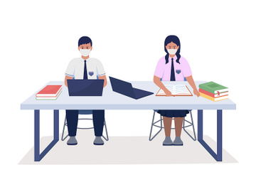 Students in uniform studying semi flat color vector characters preview picture
