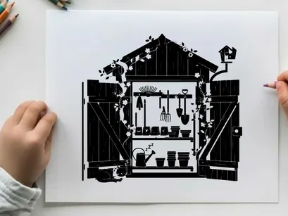 Silhouette of a gardening shed with tools and flowers