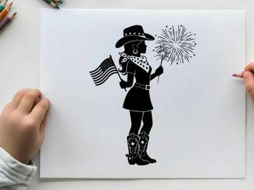 Silhouette of a girl in a cowboy hat holding an american flag and firework preview picture