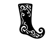 Schwarze Weihnachtsstrumpfhose-Silhouette mit dekorativen floralen Wirbelmustern auf weißem Hintergrund
