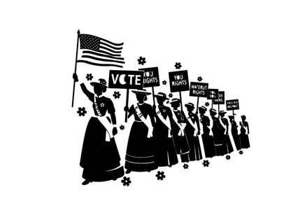 Silhouette of women suffrage movement protesters marching for equality silhouette
