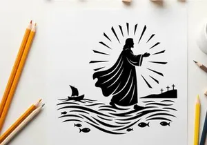 Jesus christ walking on water silhouette with sun rays