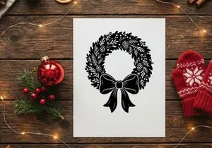 Black and white Christmas wreath illustration with pine cones and a decorative bow