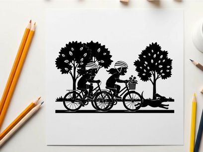 Silhouette of two cyclists riding bicycles in park