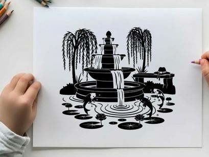 Silhouette of a serene fountain with koi fish and trees