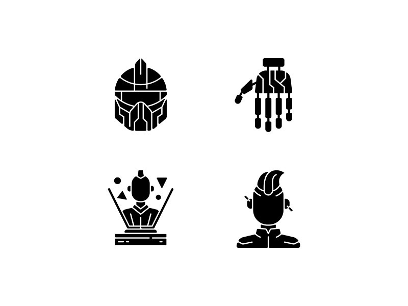 Human body cyberpunk augmentations black glyph icons set on white space