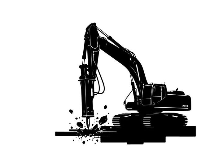 Silhouette of excavator breaking ground with jackhammer attachment
