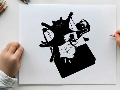 Silhouette of a cat jumping on a bed