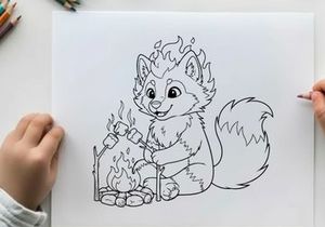 Cute cartoon cat roasting marshmallows campfire vector illustration