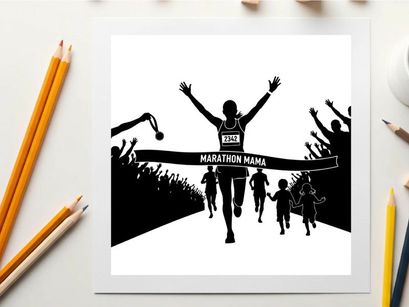 Marathon runner silhouette crossing finish line with cheering crowd silhouette