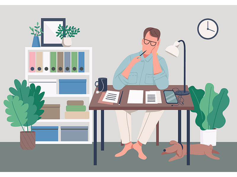 Writer at home flat color vector illustration