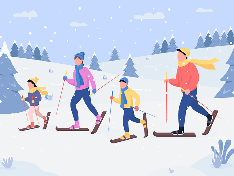 Family skiing flat color vector illustration