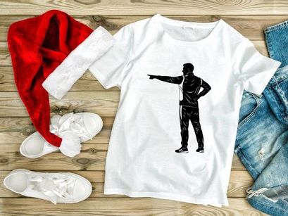 A man pointing to the left with his right hand on his hip