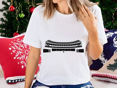 A large empty sports stadium with a single person standing in the center field area