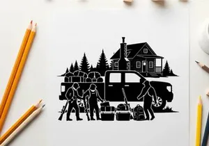 Silhouette of men loading gear into a pickup truck in front of a house
